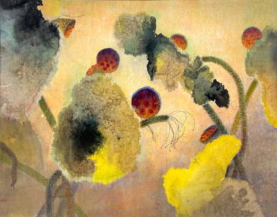 Yang Yanping "Autumn Lotus Afternoon" 1996 Ink and Color on Rice Paper Watercolor Painting: Original ink and color on rice paper 1996 painting titled "Autumn Afternoon" by Chinese artist Yang Yanping (b. 1934). Artist seal lower left. Very good sight condition as shown. Framed, matted, and s