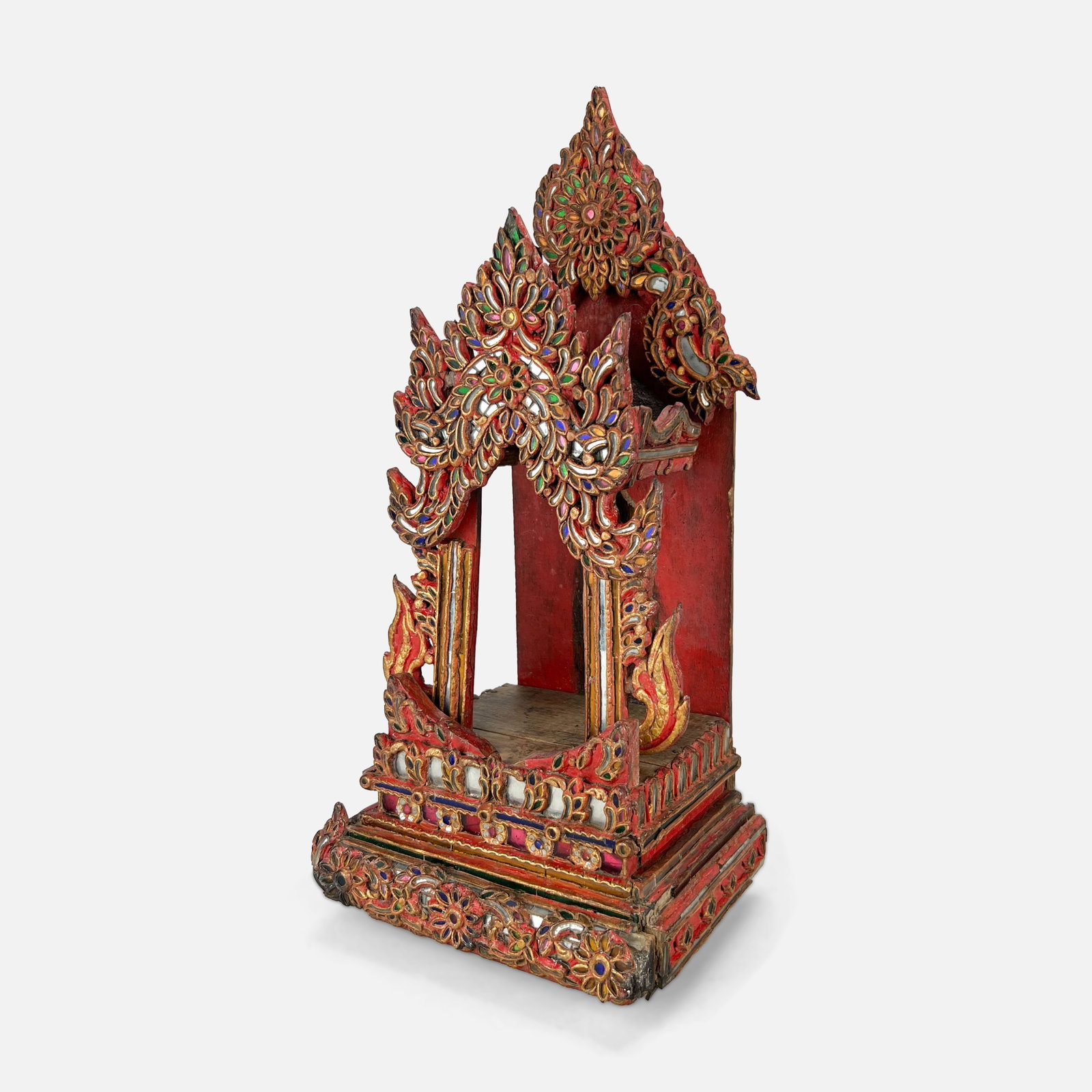 Burmese/Thai Buddhist Wood Temple Throne w/Glass: Handmade Burmese/Thai Buddhist temple or throne lacquered wood with inlaid colorful glass. Good overall condition, with age-appropriate wear and loss as shown. We Do Not Provide In-House Shipping! Ple
