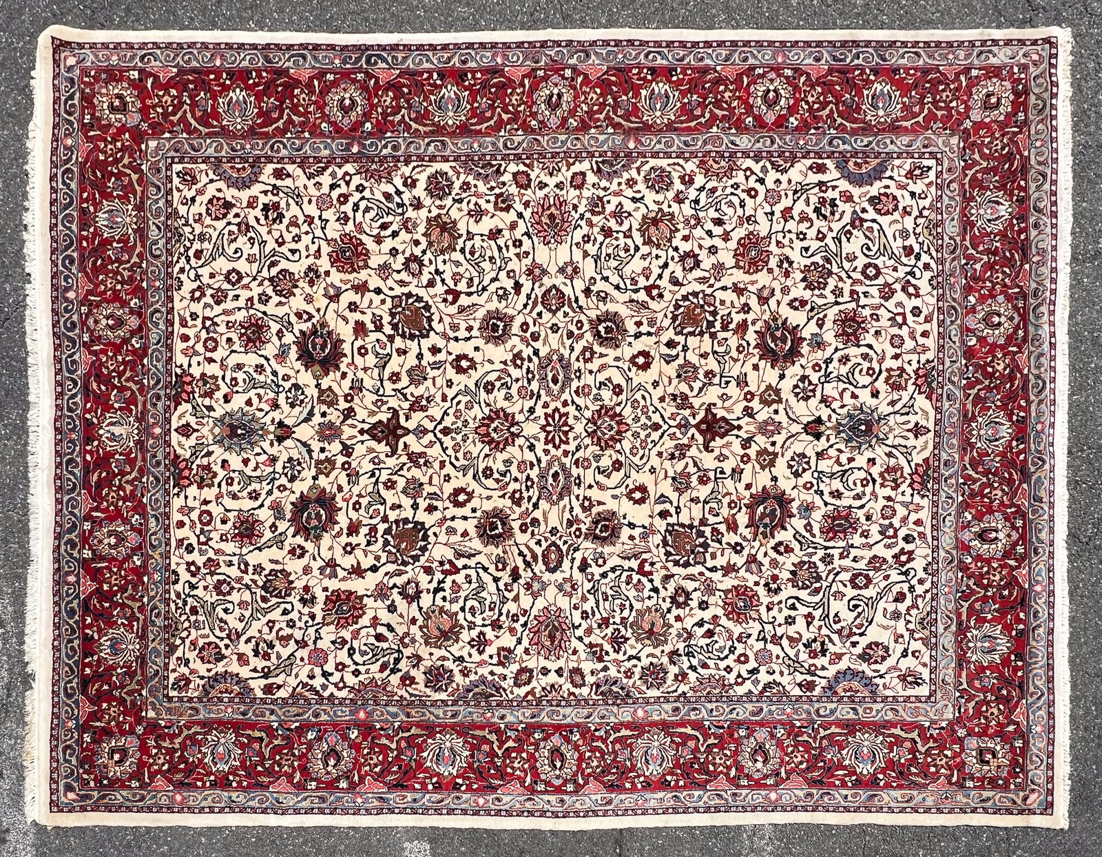 12' 4" Iranian Hand Knotted Rug: 12' 4" Iranian Hand Knotted Rug. Good age-appropriate condition, in need of cleaning. May have a light odor that may need cleaning. Free of any insect damage, rug remains supple. We Do Not Provide In-