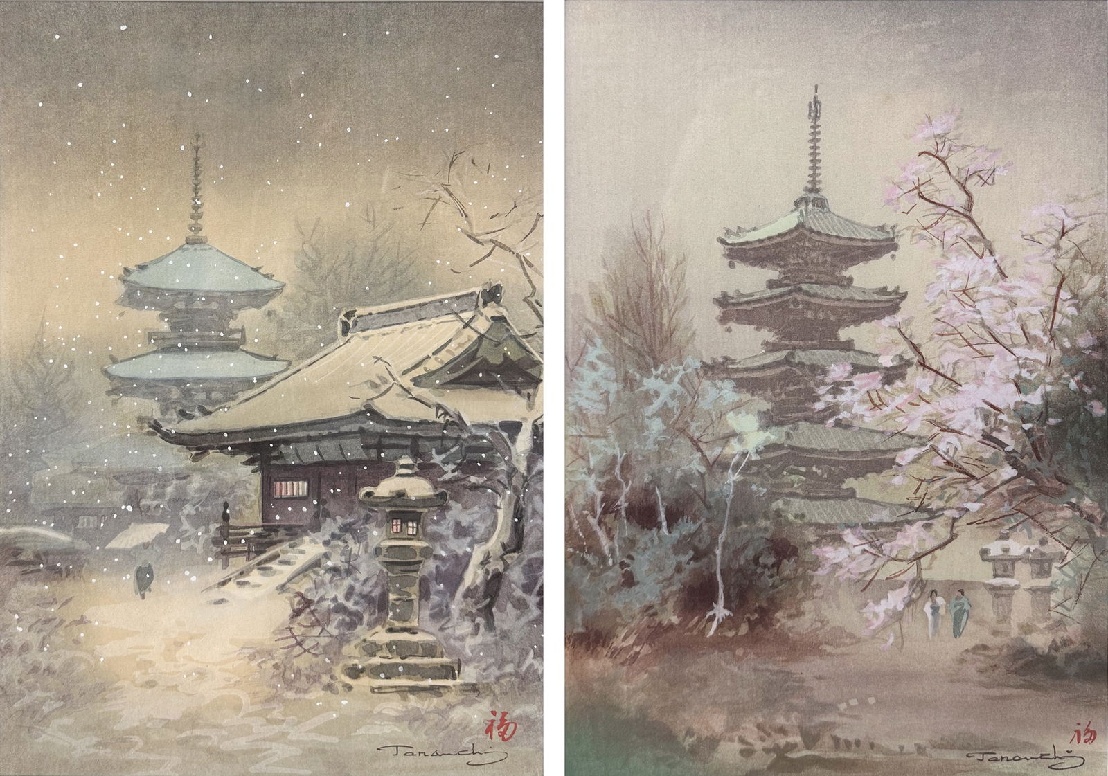 Two Signed Terauchi Watercolor Framed Japanese Paintings (1 of 7)
