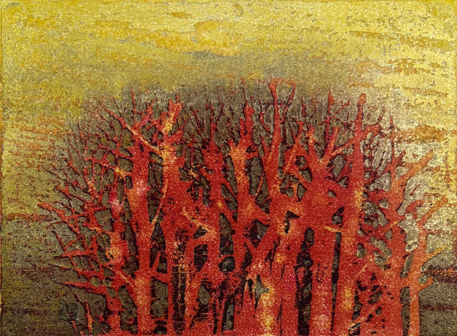 Joichi Hoshi "Red Tree" 1971 Japanese Woodblock Print Framed (1 of 6)