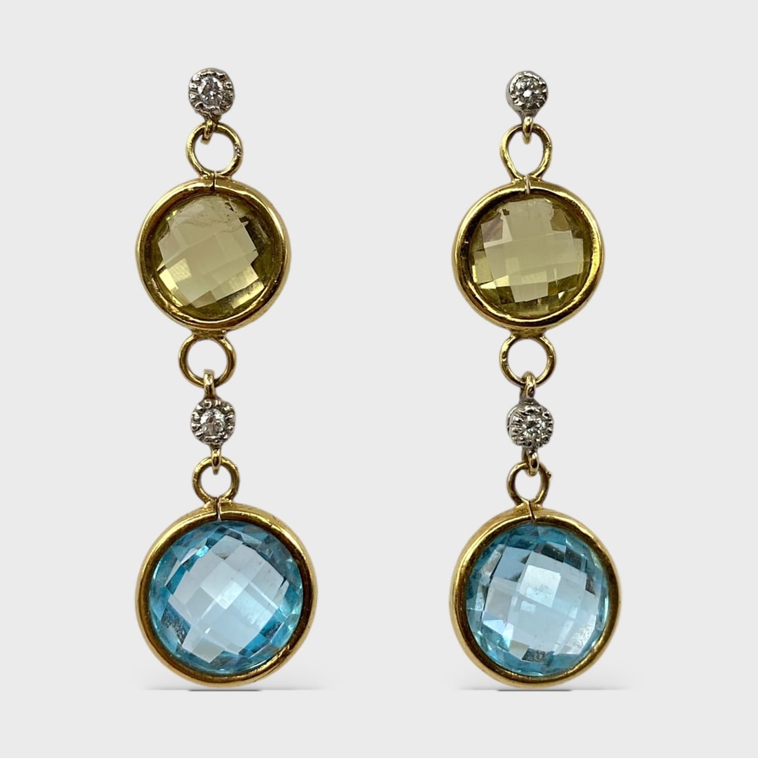 14K GOLD Two Toned Faceted Topaz & Diamond Pierced Drop Dangle Earrings (1 of 2)