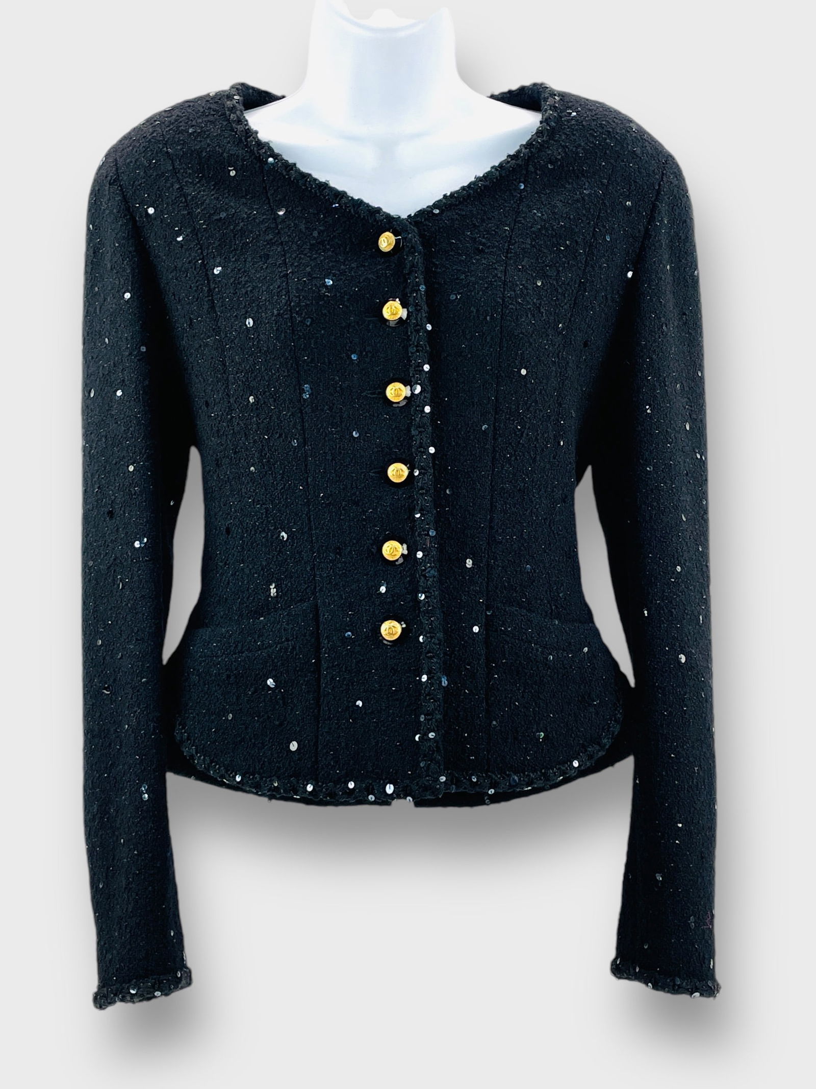 CHANEL Boutique  Vintage Black Boucle Wool Blend Sequin Blazer/ Jacket Size 40 W/ Black And Gold (1 of 6)