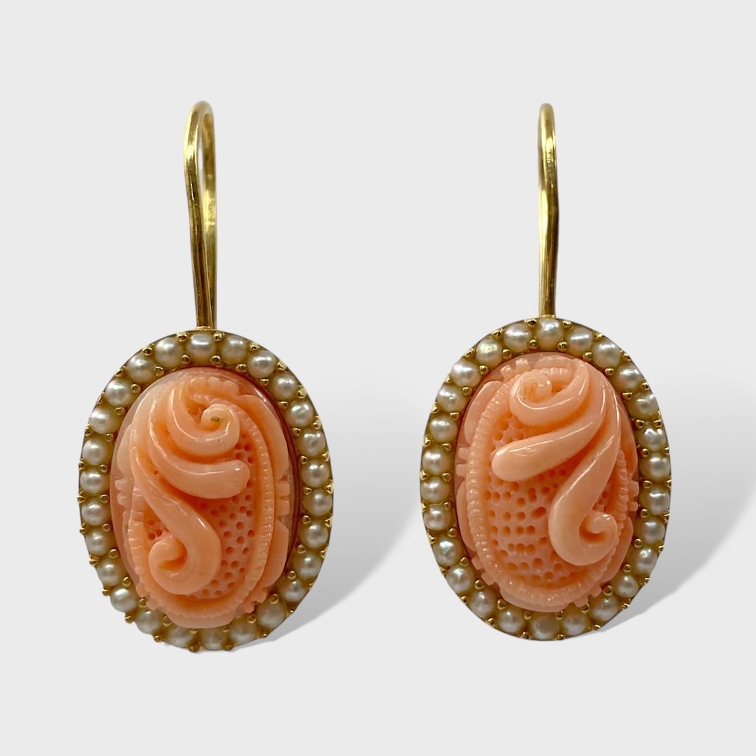 14K GOLD Antique  Carved Coral & Seed Pearl Pierced Drop Dangle Earrings (1 of 4)