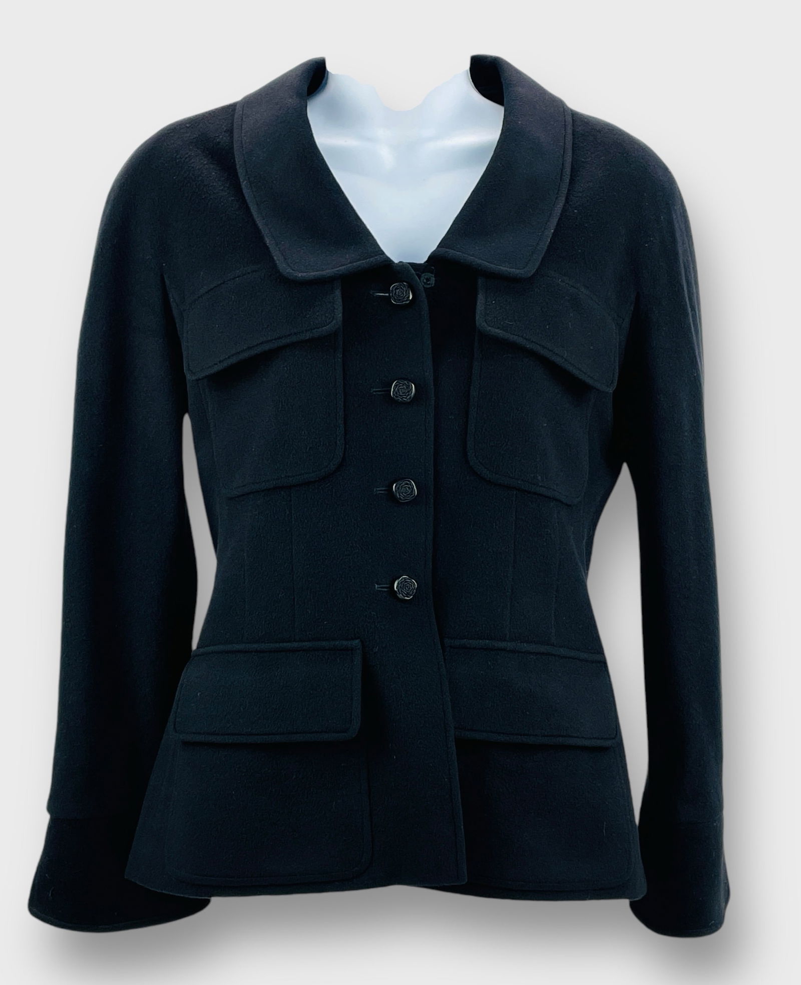 CHANEL Vintage 100% Cashmere Black Utility Jacket Size 38. Black Cord Rosette Buttons. Silk Lining. (1 of 5)
