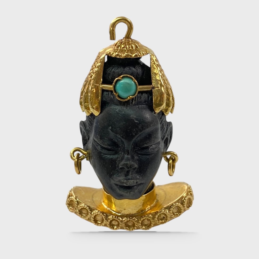 18K GOLD Turquoise Onyx Carved Blackamoor Necklace Pendant: Approx. 1 3/8” x 7/8”