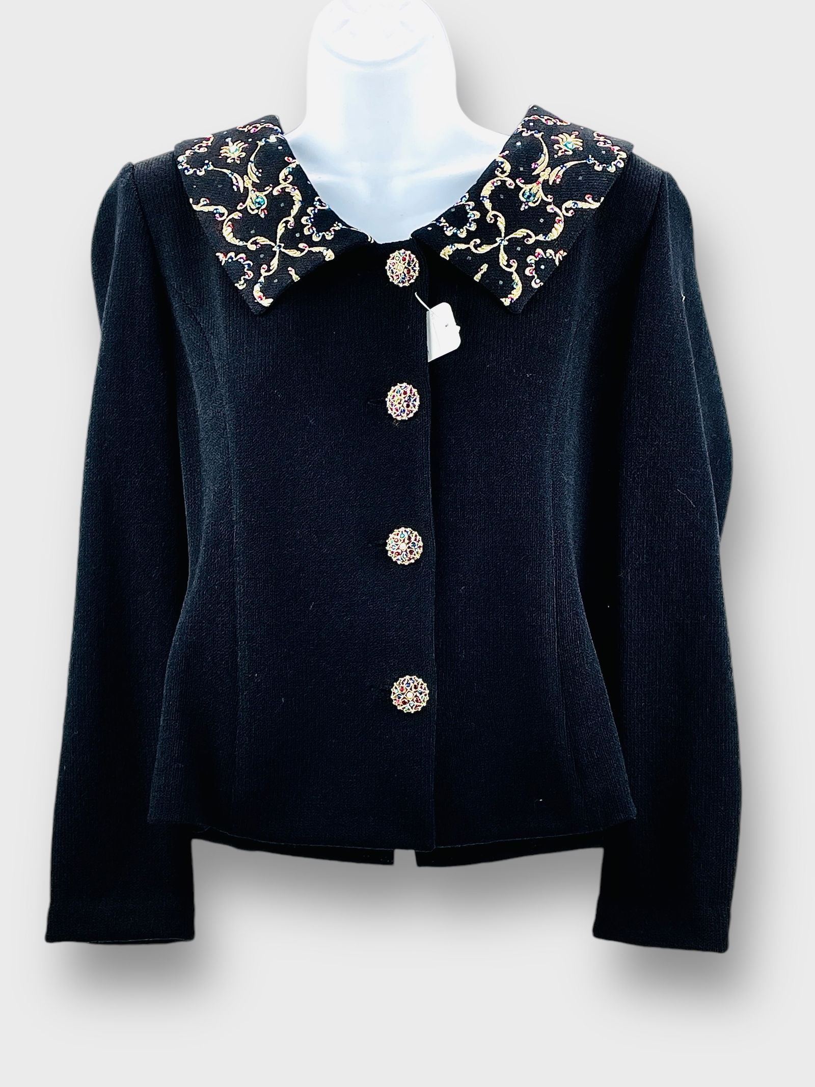 ST. JOHN Evening by Marie Gray Black Wool Blend Knit Jacket Rhinestone Faux Pearl and Metallic (1 of 5)