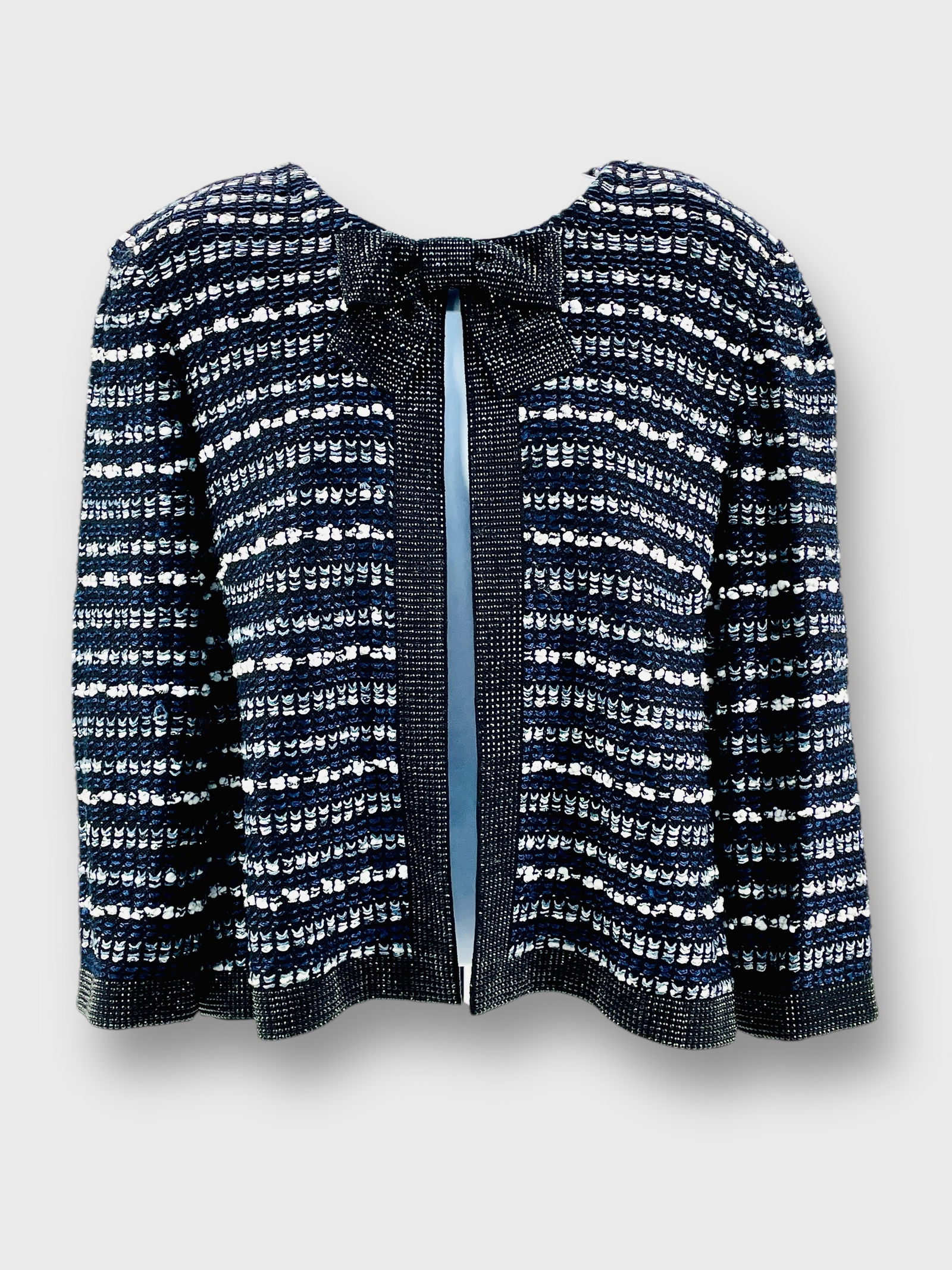 ST. JOHN Evening  Vintage Open Front Tweed Wool/Rayon/Synthetic Blend Jacket. Jet Black Beaded Bow (1 of 4)