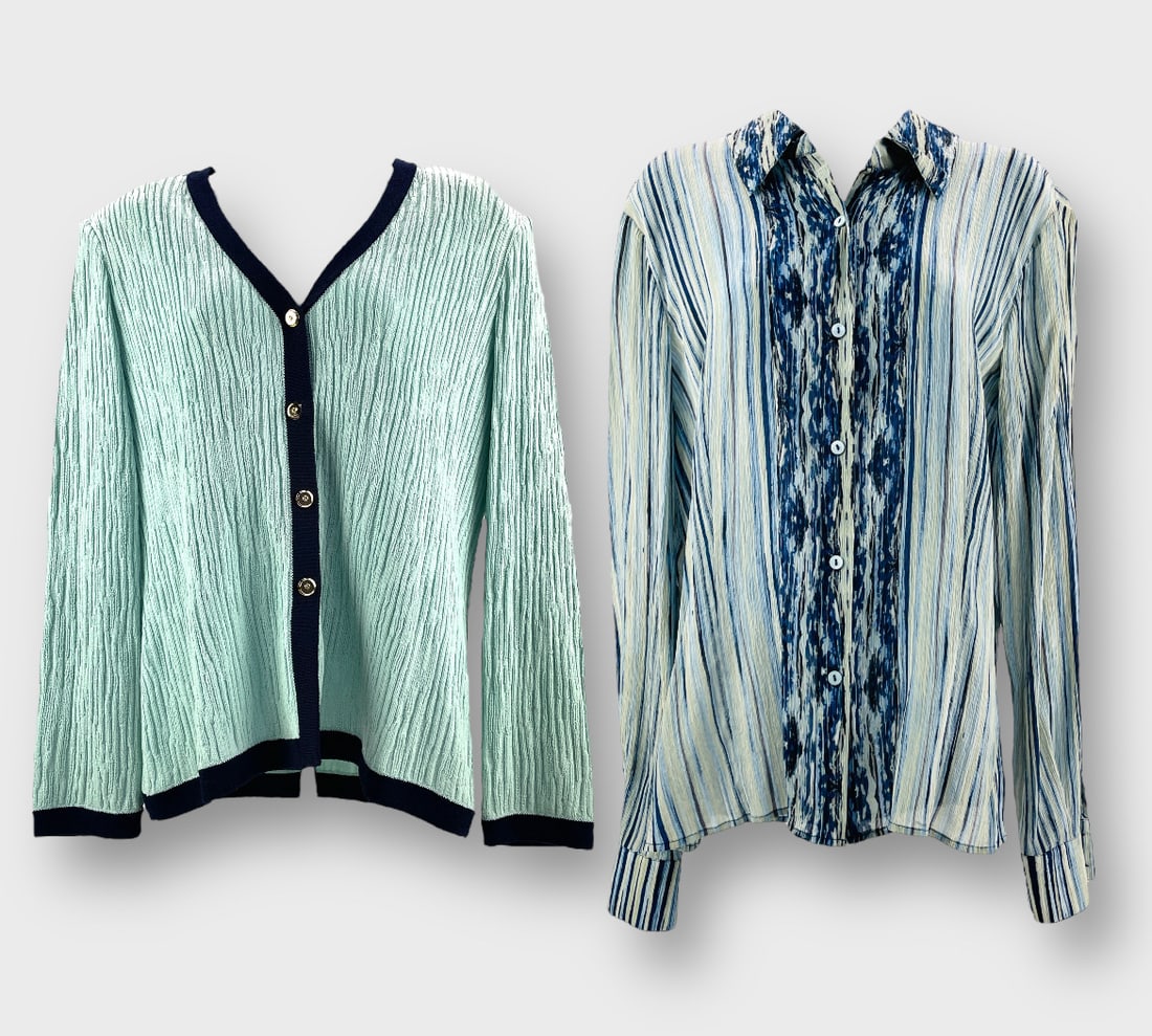 ST. JOHN Collection Vintage Wool Blend Cardigan Sweater SIZE 8 AND Crinkle Silk Button Front Silk (1 of 6)