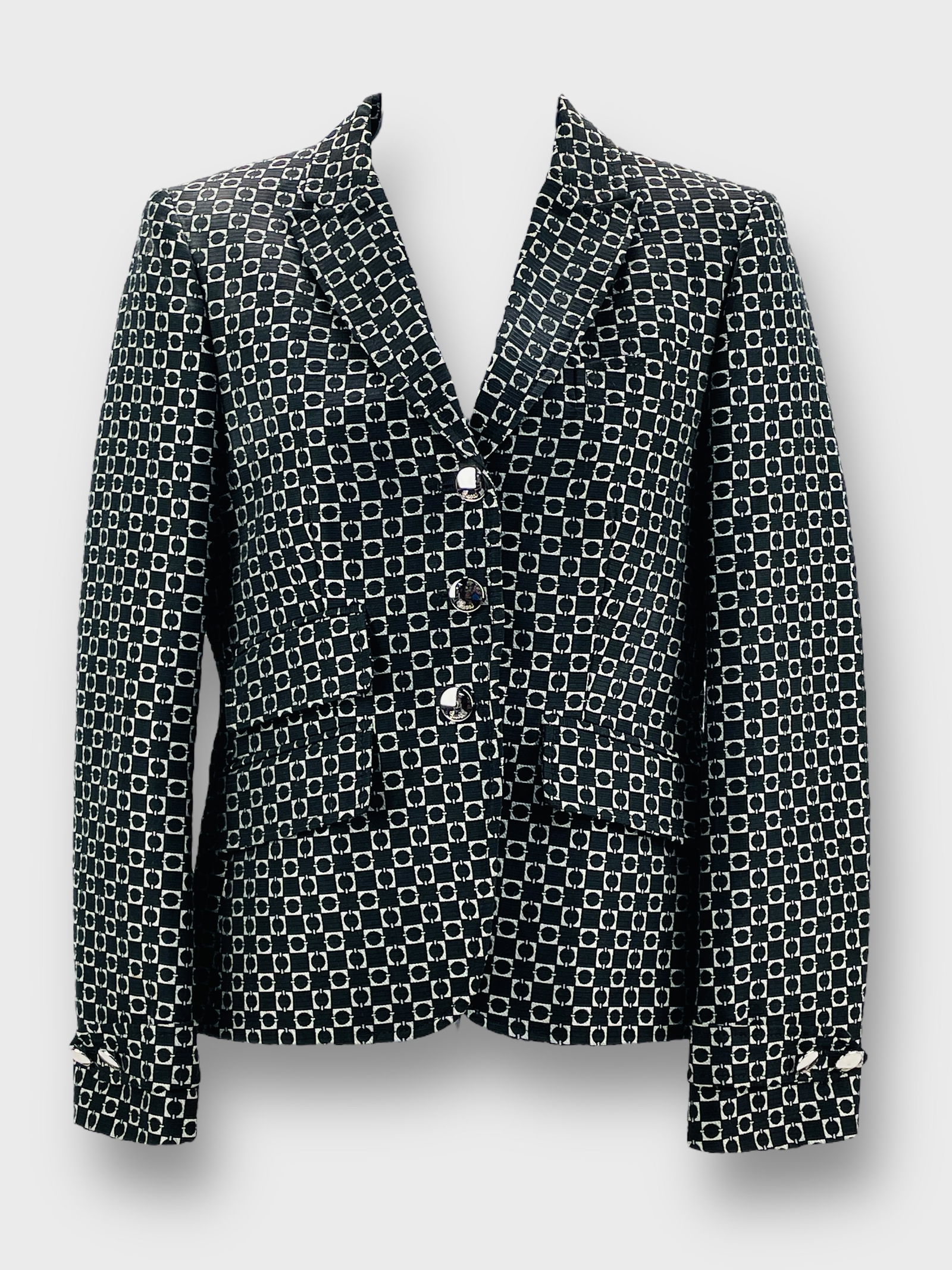 GUCCI Vintage Italy Black & White Jacquard Blazer with Silvertone Buttons Size 40 80% Cotton 20% (1 of 8)