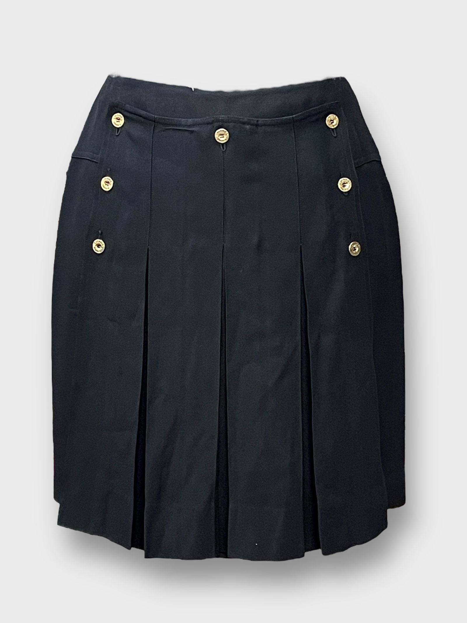 CHANEL Vintage Pleated Skirt Gold Tone Buttons Size Size 38 Wool/Silk Crepe: Preowned, sold as is