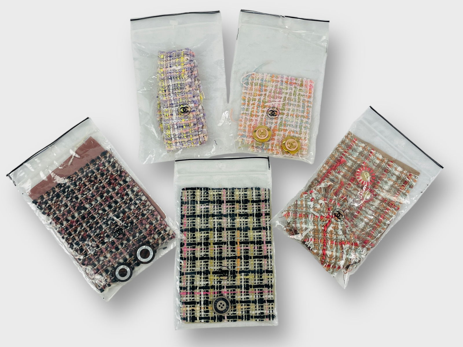 CHANEL Fabric Repair Kits with Swatches and Buttons. Lot of 5 Boucles and Tweeds.: Preowned, sold as is.