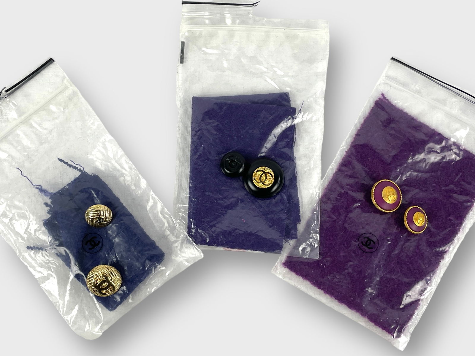 CHANEL Fabric Repair Kits with Swatches and Buttons. Lot of 3. Shades of Purple Boucle.: Preowned, sold as is.