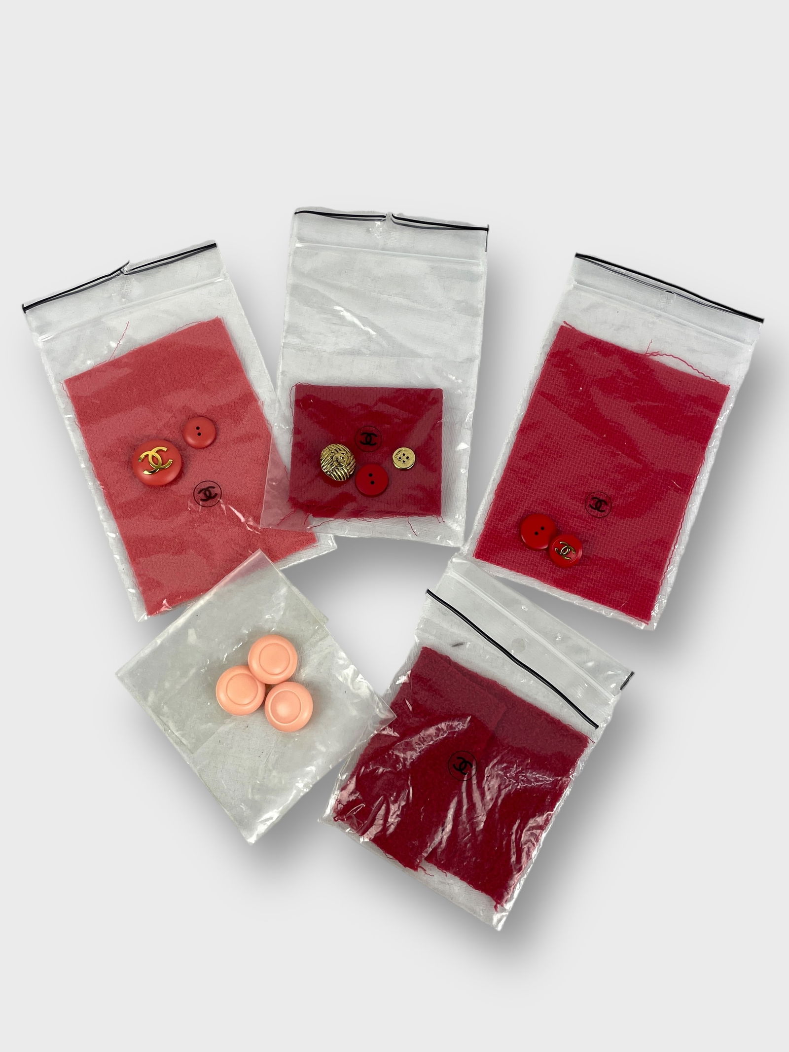 CHANEL Fabric Repair Kits with Swatches and Buttons. Lot of 3, plus 1 Bag of 3 Buttons and 1 Fabric (1 of 5)