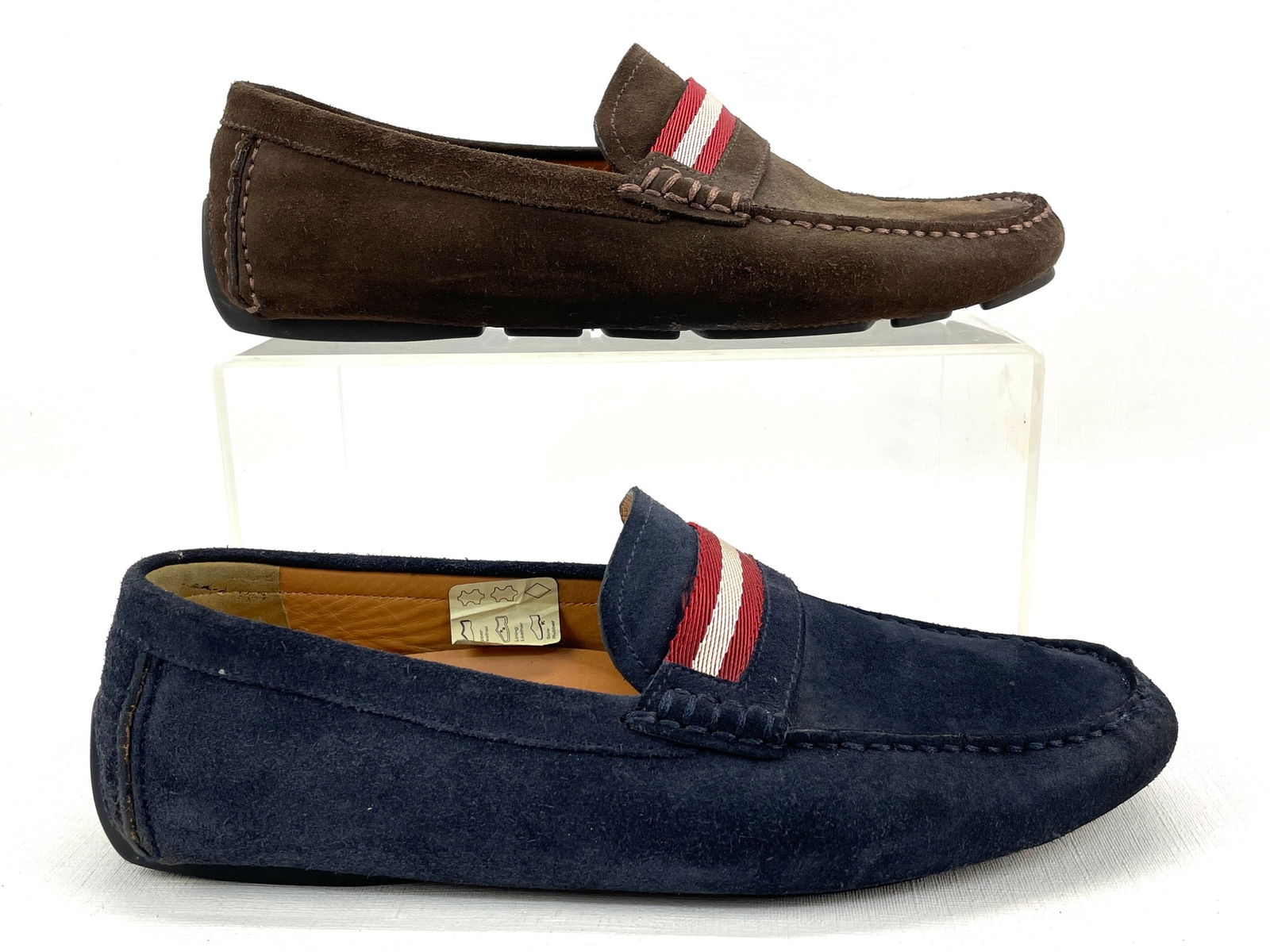 BALLY Switzerland Two Pair Men's Blue and Brown Suede Driving Shoes w/Striped Webbing Sizes 9D & 8.5 (1 of 8)