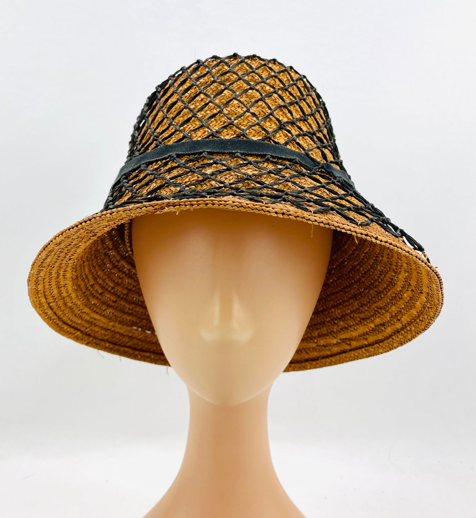 ITALIAN  Vintage Straw Bucket Hat with Black Straw Netting Overlay and Black Ribbon (1 of 5)