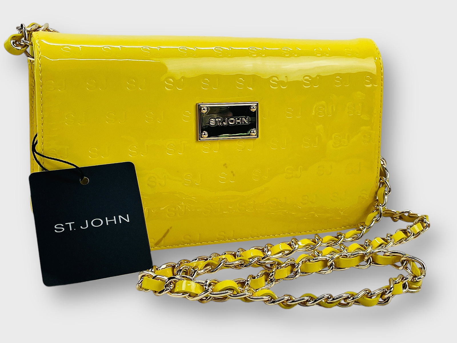 ST. JOHN Yellow Patent Leather SJ Insignia Bag with Goldtone Chain Strap (1 of 6)