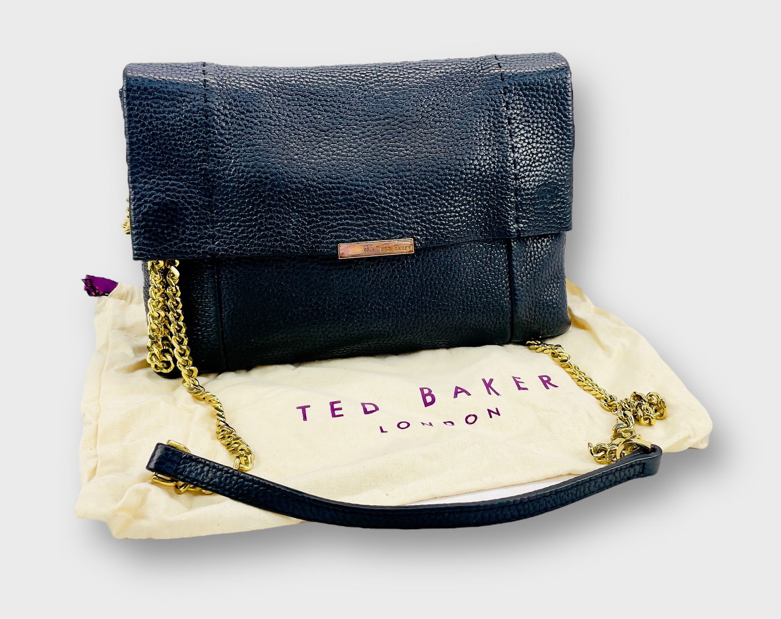 TED BAKER Black Pebble Grain Leather Flap Bag with Goldtone Hardware and Chain Shoulder Strap (1 of 7)