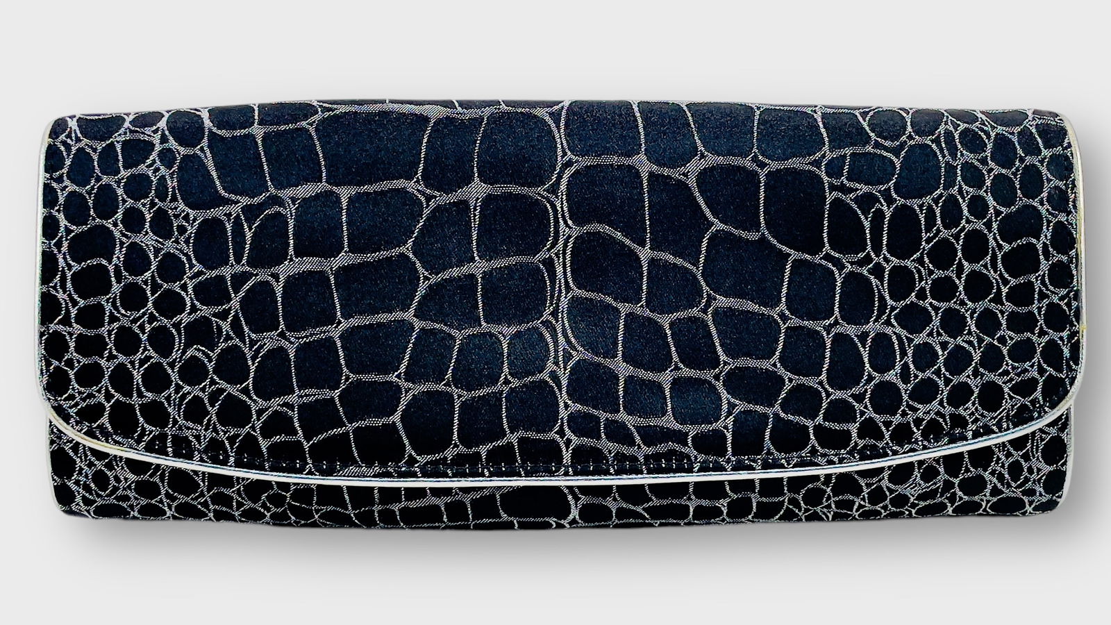 ST. JOHN  Black Satin Evening Clutch with Silver "Snakeskin" Motif (1 of 5)