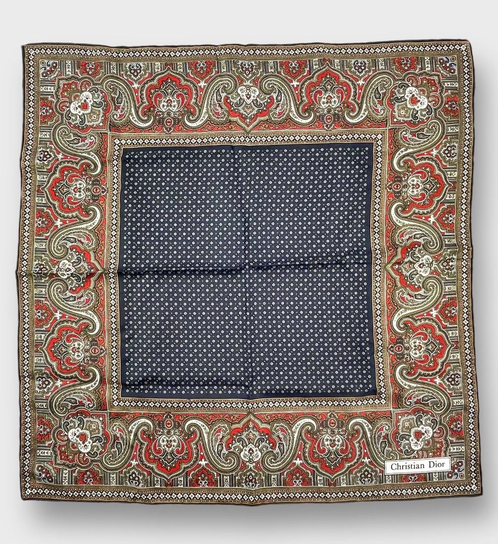 CHRISTIAN DIOR NEW YORK PARIS Silk Scarf Made In Italy Hand Rolled In Portugal: Good, preowned condition. Approx. 18 1/2” x 18 1/2”.