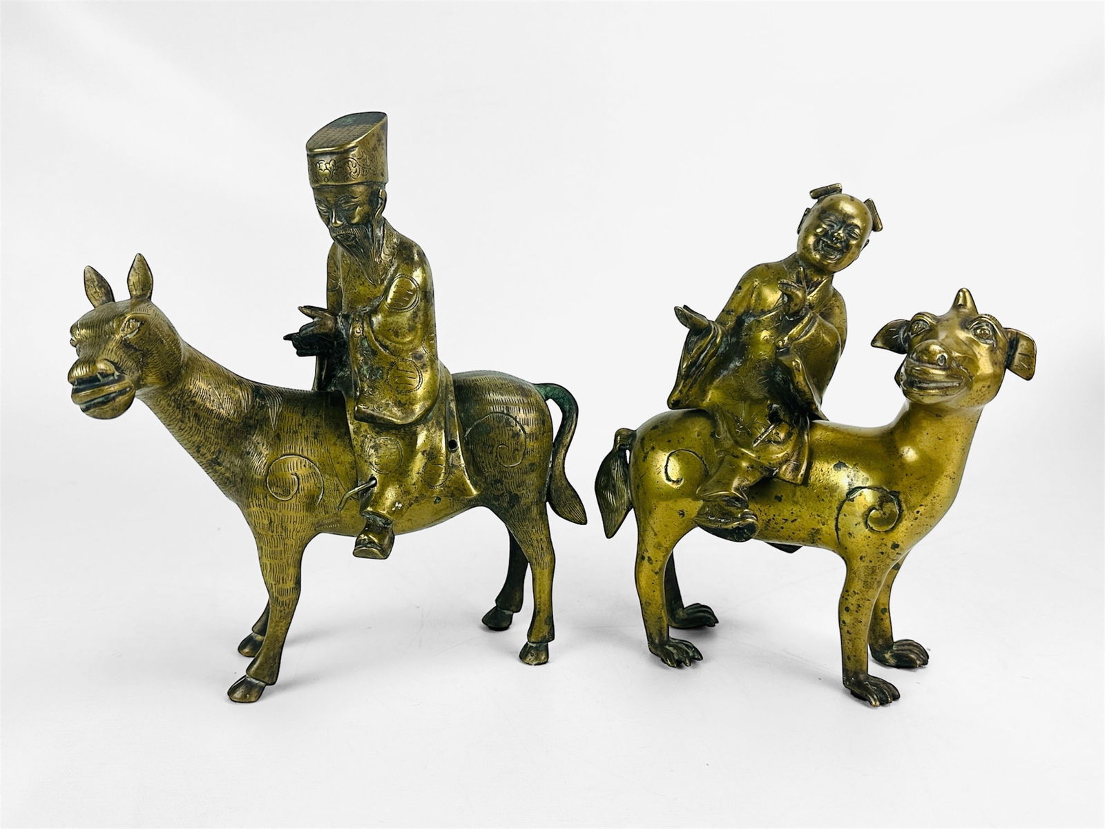 Two Antique 19thC Chinese Cast Bronze Incense Burner Equestrian Horse and Rider Statues (1 of 6)