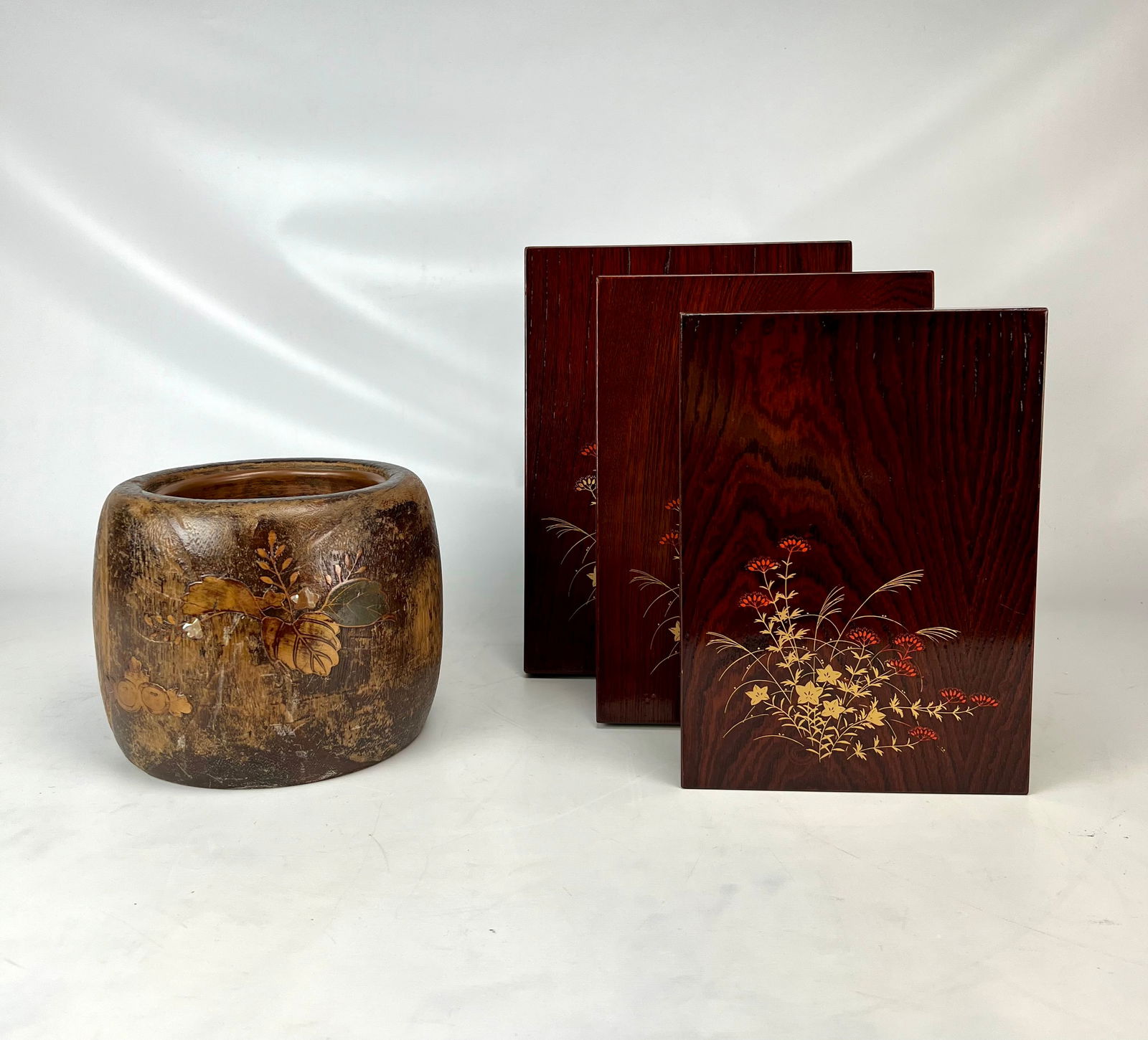 Antique Japanese Wood Planter w/ Set of 3 Lacquered Wood Stacking Boxes (1 of 6)