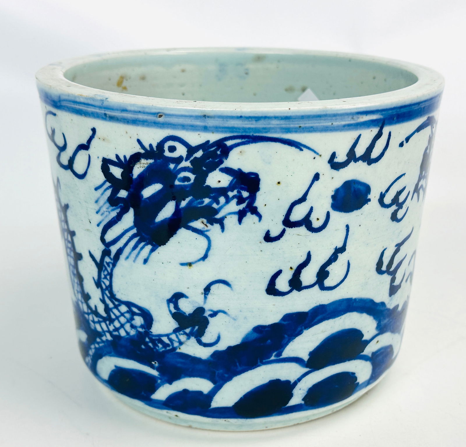 Antique Chinese Blue & White Porcelain: Ching Dynasty Straight Side Jardiniere Dragon Vase (1 of 8)