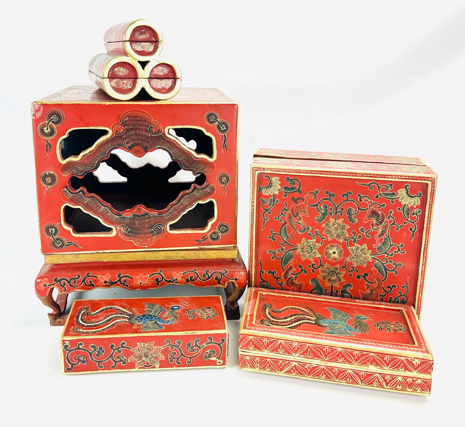 Collection of Vintage Japanese Paint Decorated Lacquered Wood Boxes (1 of 11)