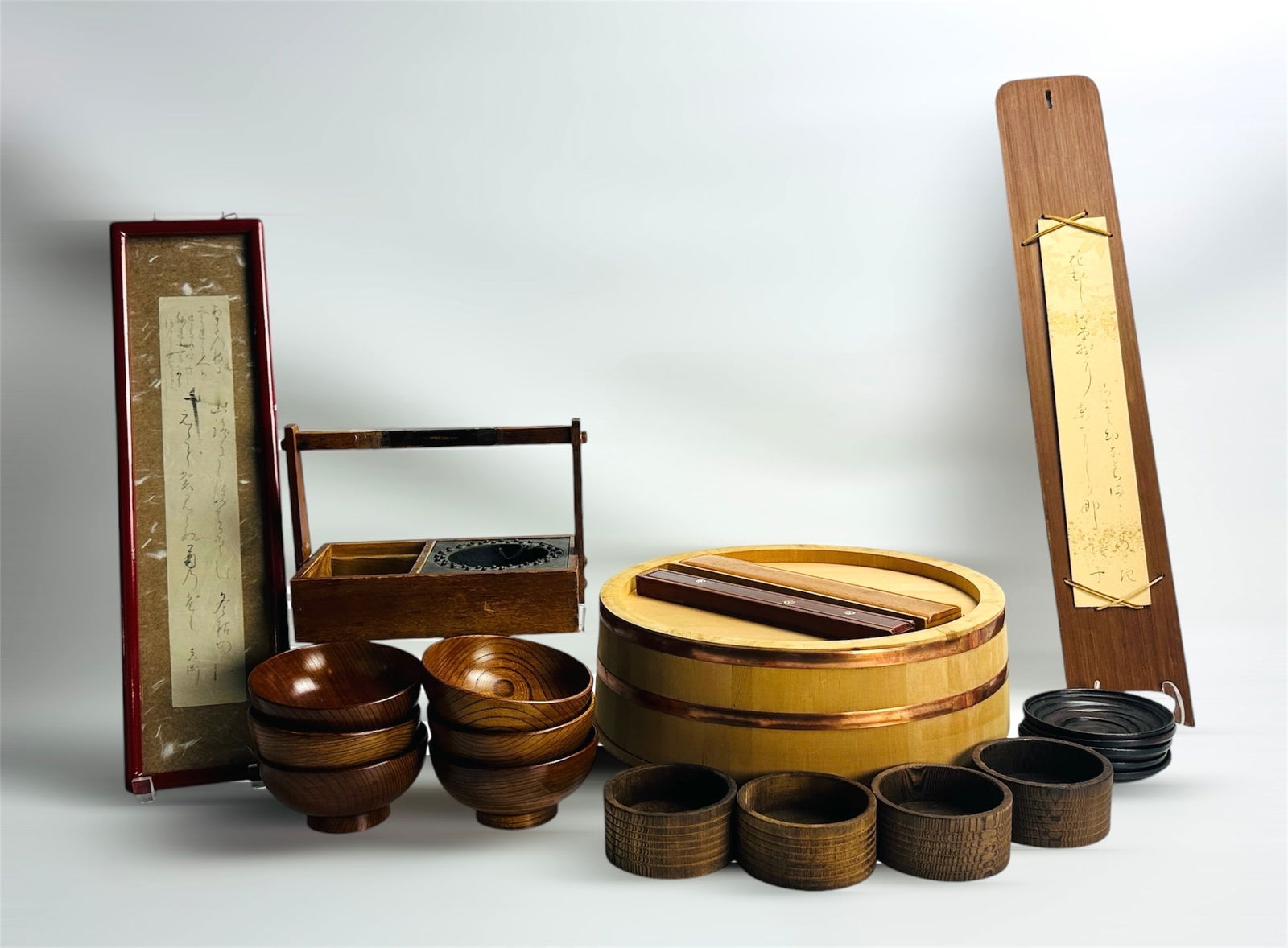 Old Japanese Wood Articles: Bowls, Tobacco Box, Plaques, Lidded Tub + Lacquer Chopstick Boxes & More (1 of 13)