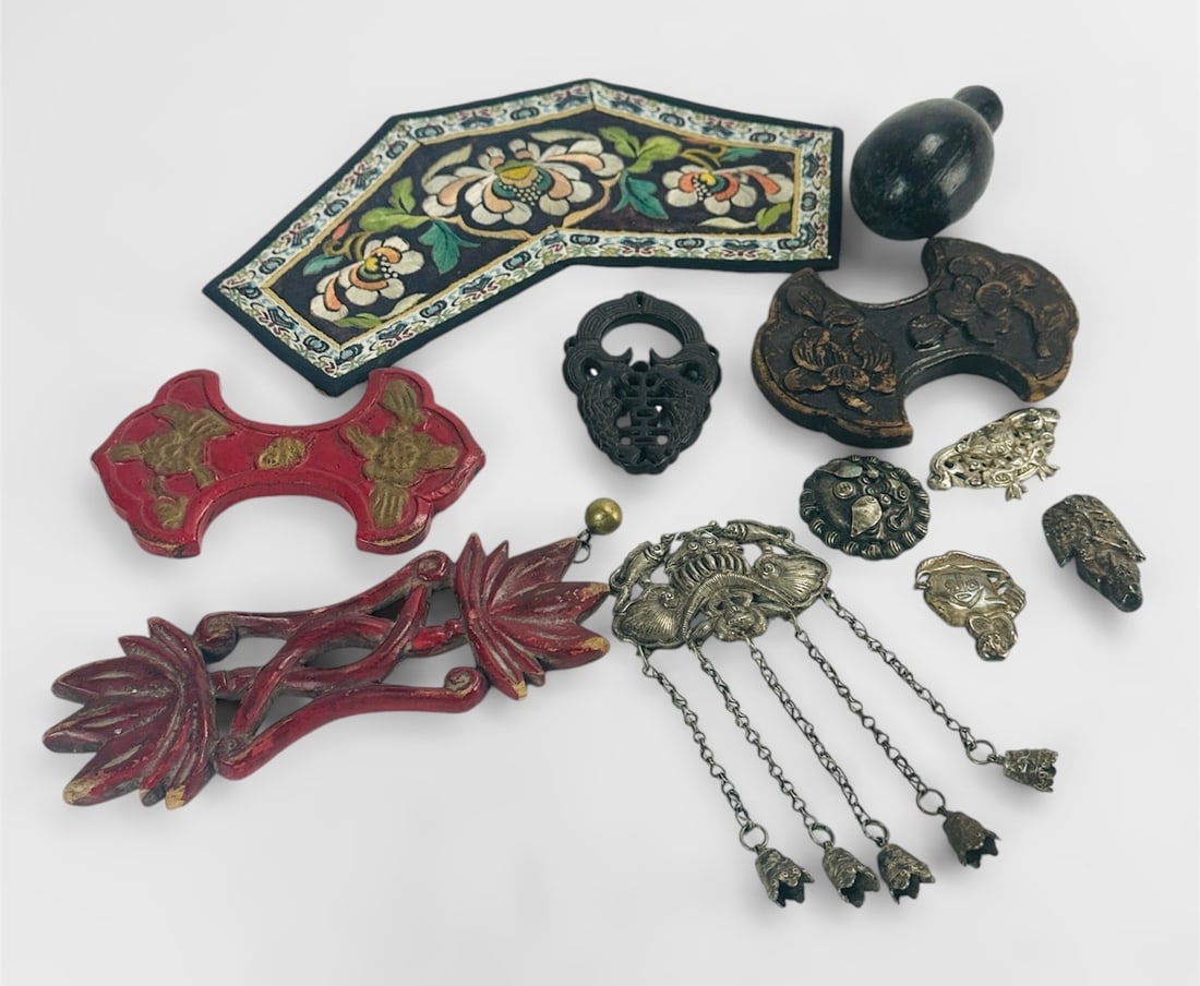 Assorted Antique Asian Items: Wood Thread Winders, Embossed Silver Pendants, Embroidery (1 of 8)