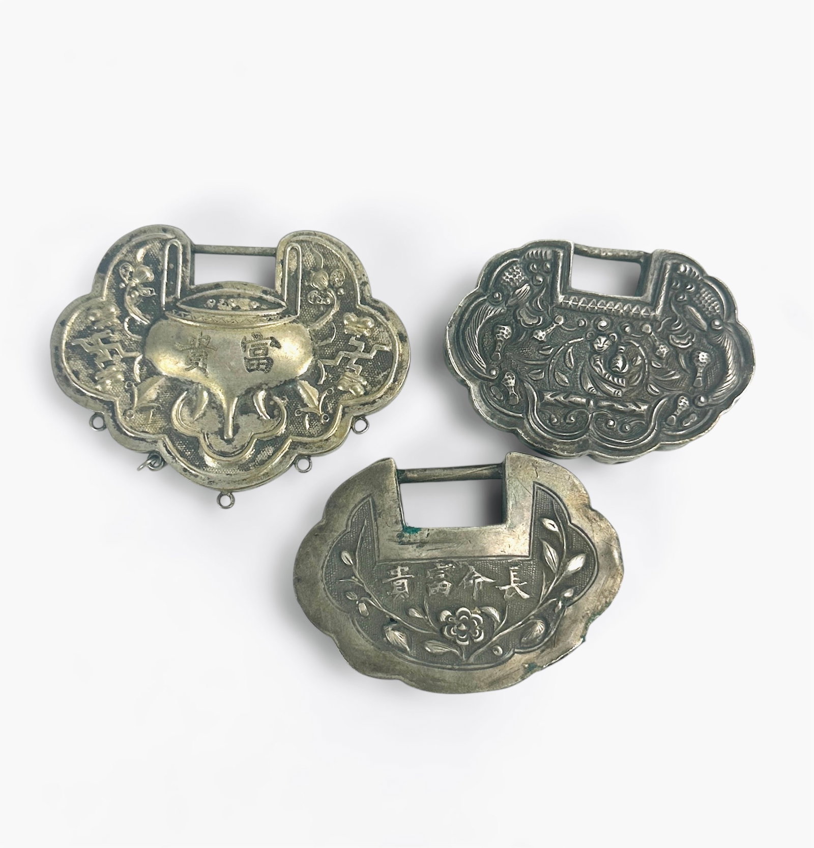 Three Antique 19thC Chinese Silver Locking Pendants - No Keys: Three Antique 19thC Chinese Silver Locking Pendants - No Keys. Good age-appropriate condition. All Locking Pendant Sizes/Measurements 2x2”.