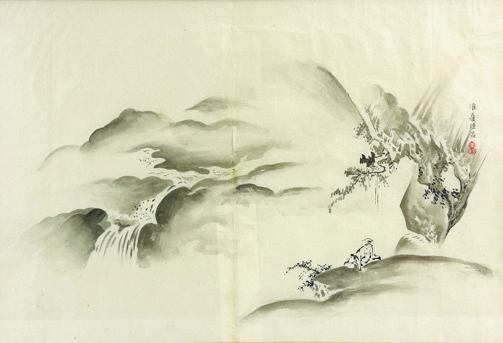 Antique Signed Chinese "Scholar by a Waterfall in the Mountains" Framed Landscape Ink Painting (1 of 5)