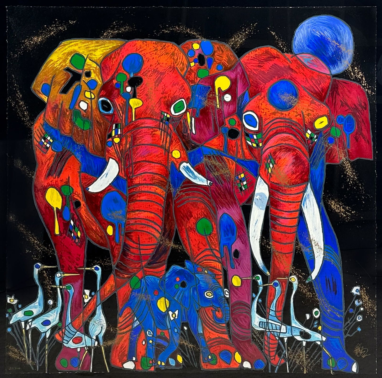 Jiang TieFeng "Elephant Family" Embellished Serigraph Framed Print (1 of 5)