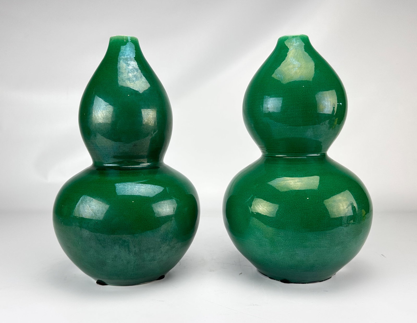 Two 20thC Ming Style Emerald Green Glazed Porcelain Double Gourd Monochrome Vases (1 of 4)