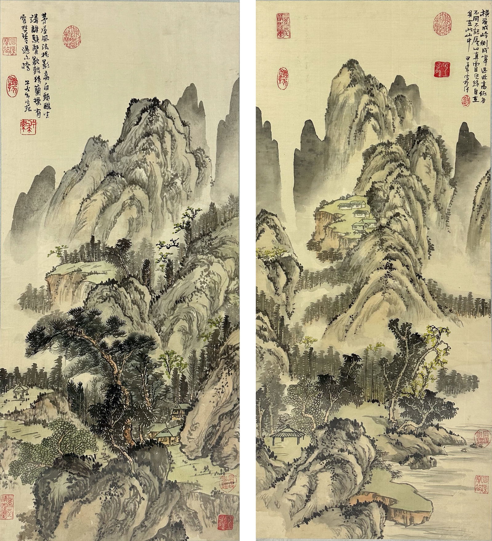 Two Old Chinese Framed Ink and Color Landscape Scroll Paintings (1 of 11)