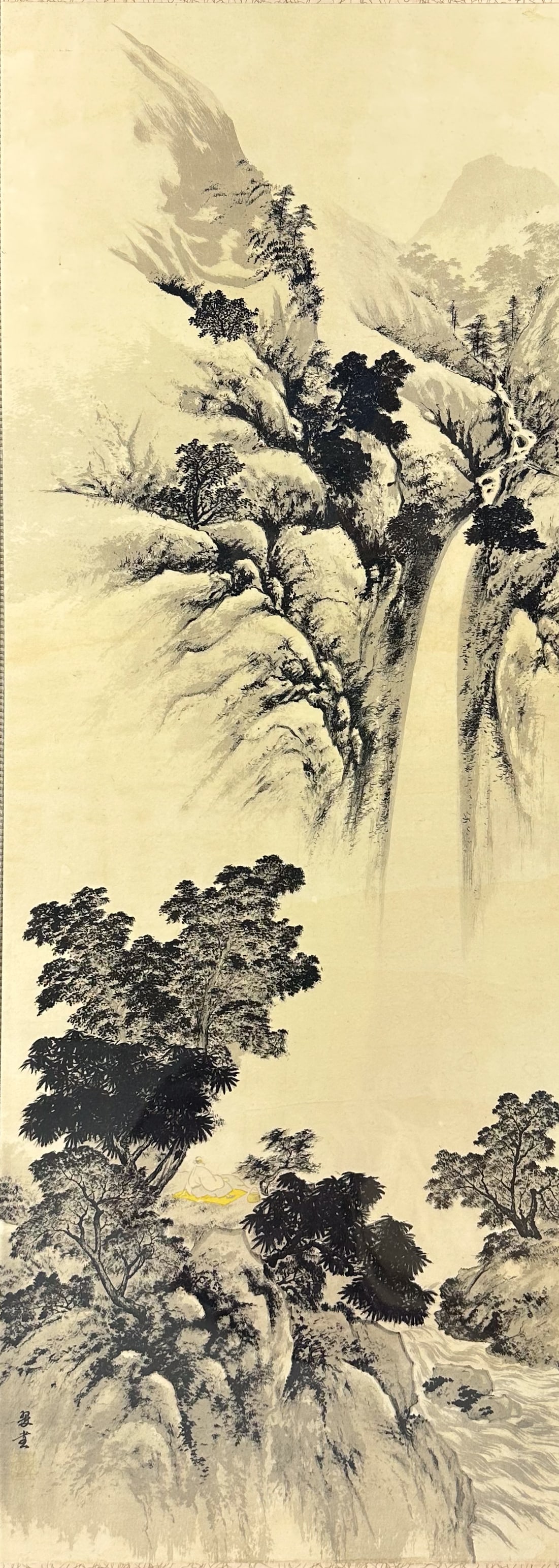 Signed Chinese "Scholar within a Waterfall Landscape" Framed Ink w/Color Vertical Scroll Painting (1 of 5)