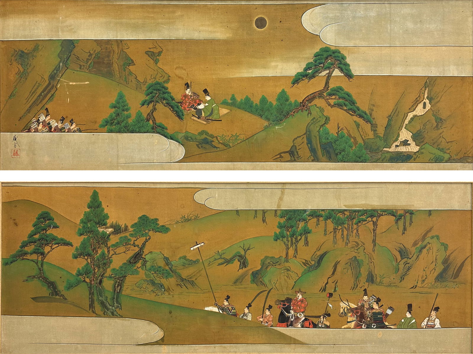 Two Antique Japanese Ink and Color Paintings Framed Scroll Sections (1 of 8)