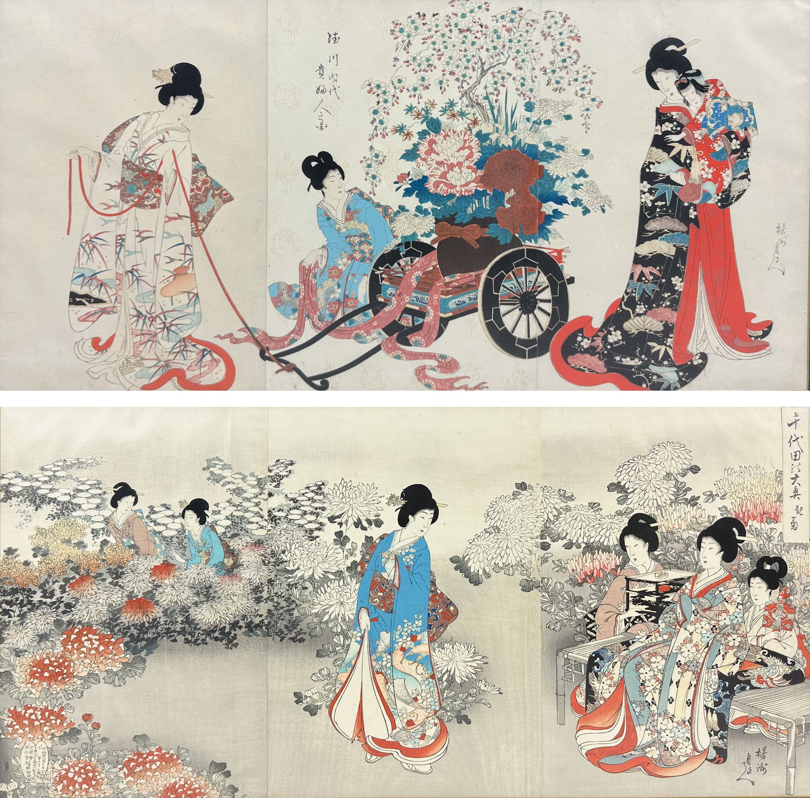 Two Framed Antique Toyohara Chikanobu Japanese Woodblock Triptych Prints (1 of 11)