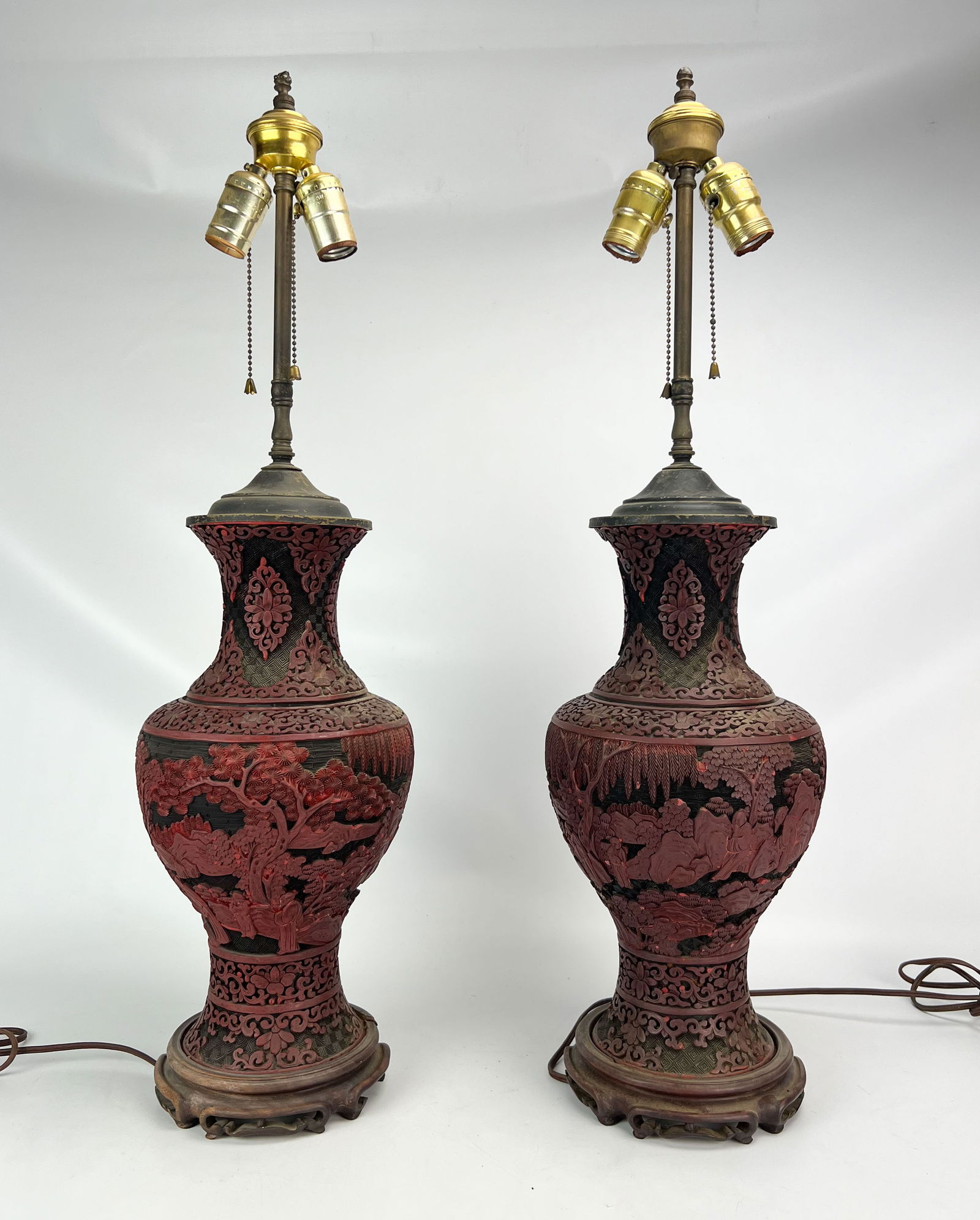 Antique 19thC Chinese Carved Cinnabar Urn Vase Pair Mounted as Table Lamps (1 of 12)