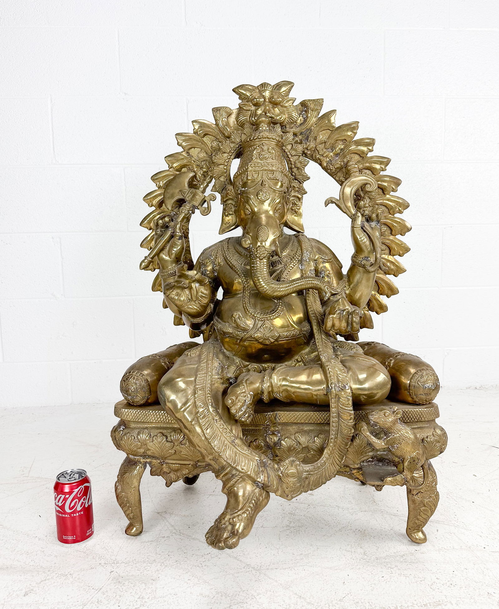 Very Large Cast Brass Ganesha on Throne Good Luck & Wealth Statue VERY HEAVY GOD (1 of 8)