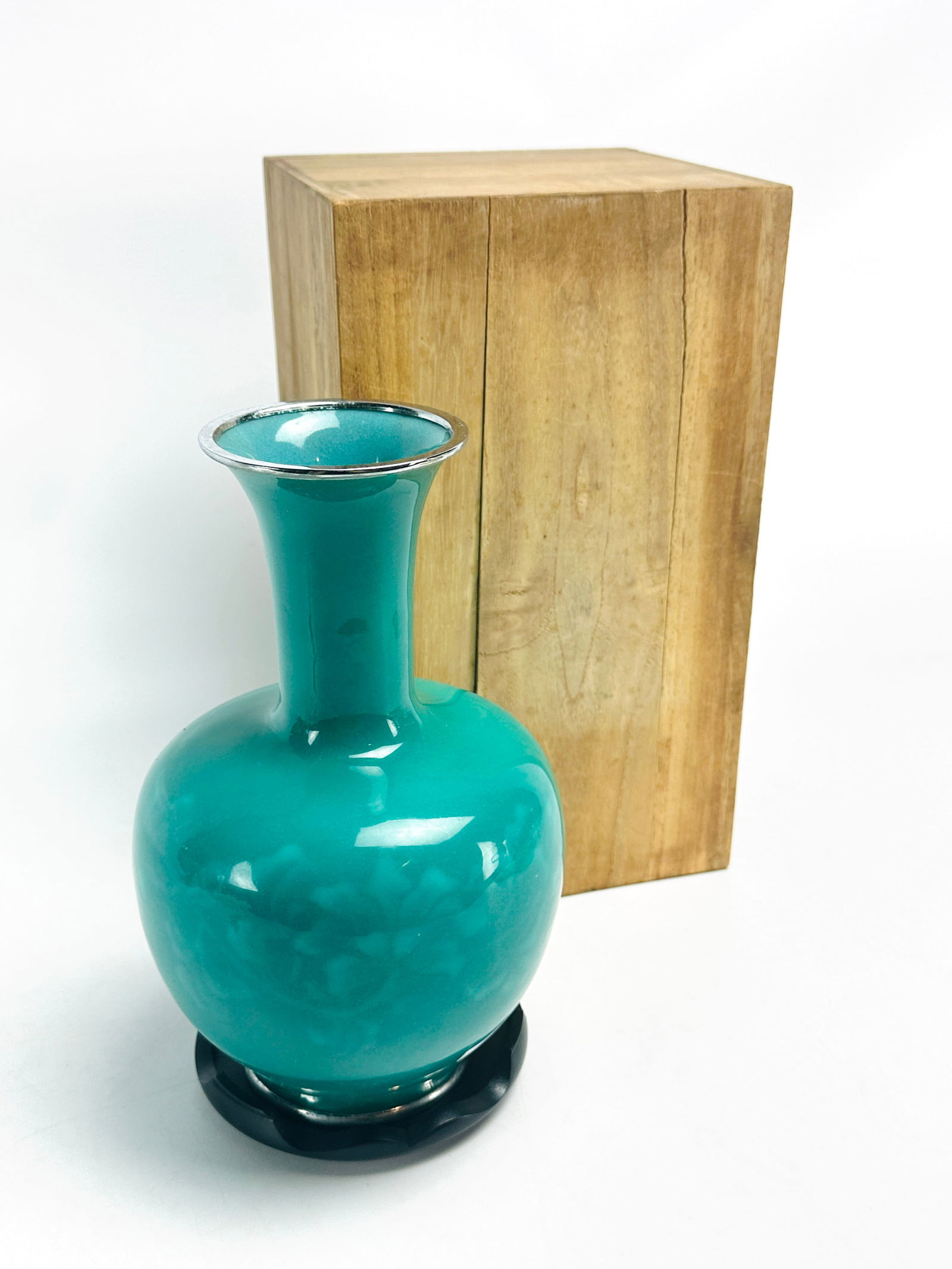 Vintage Mid-20thC Japanese Wireless Cloisonné Silver-Rimmed Tall Vase w/Wood Box (1 of 8)