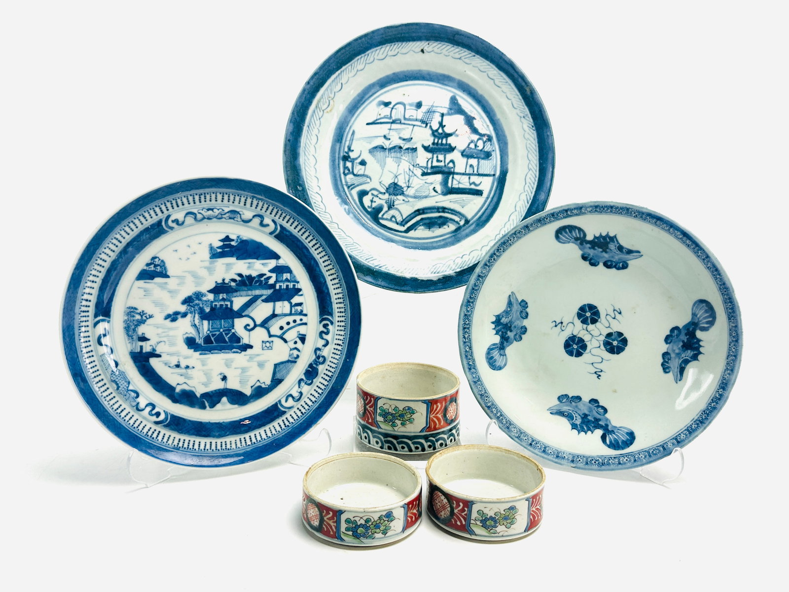 Six Pieces Antique Japanese Porcelain: Imari Stacking Bowls + Three Canton Blue & White Plates (1 of 12)