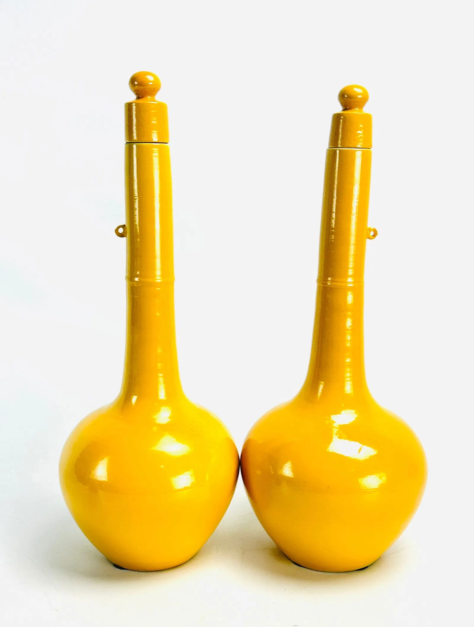 Pair 20thC Chinese Monochrome Yellow Porcelain Bottles with Stoppers (1 of 9)
