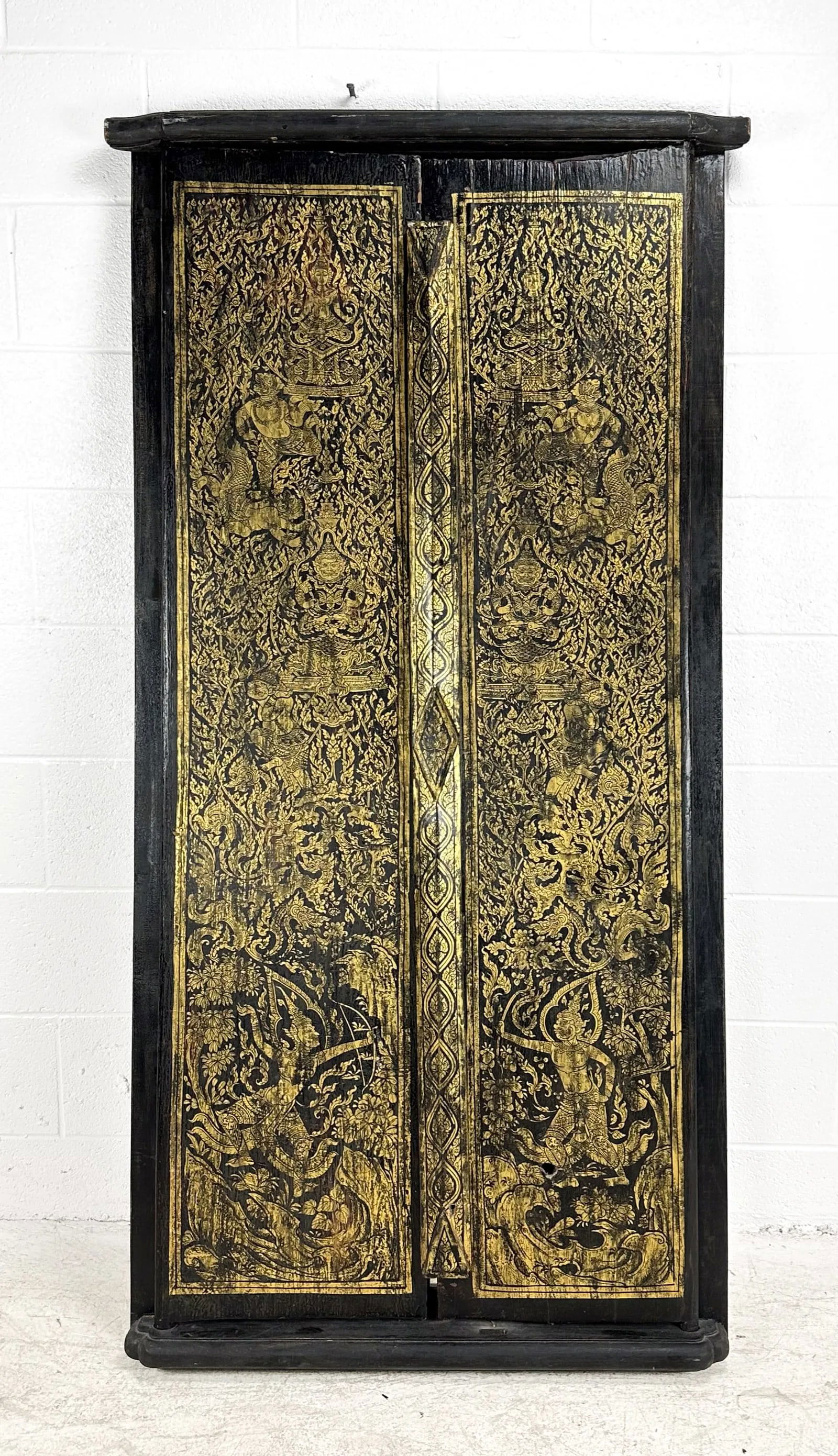 Antique Burmese or Thai Folding Gilt Decorated Two Door Hidden Wall Mirror (1 of 9)