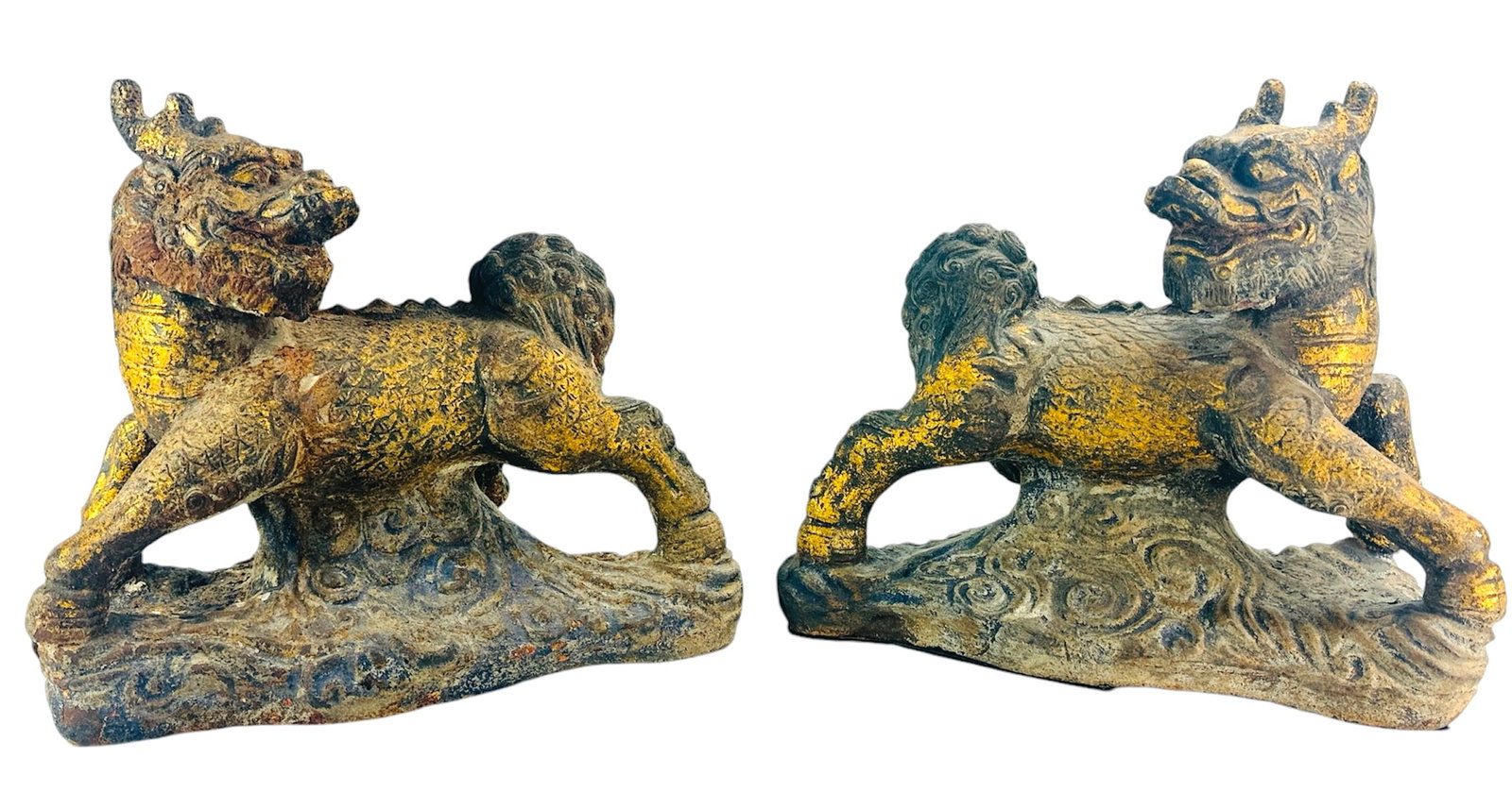 Pair Heavy Antique Chinese Paint Decorated Cast Iron Foo Dog Lion Sculptures (1 of 13)