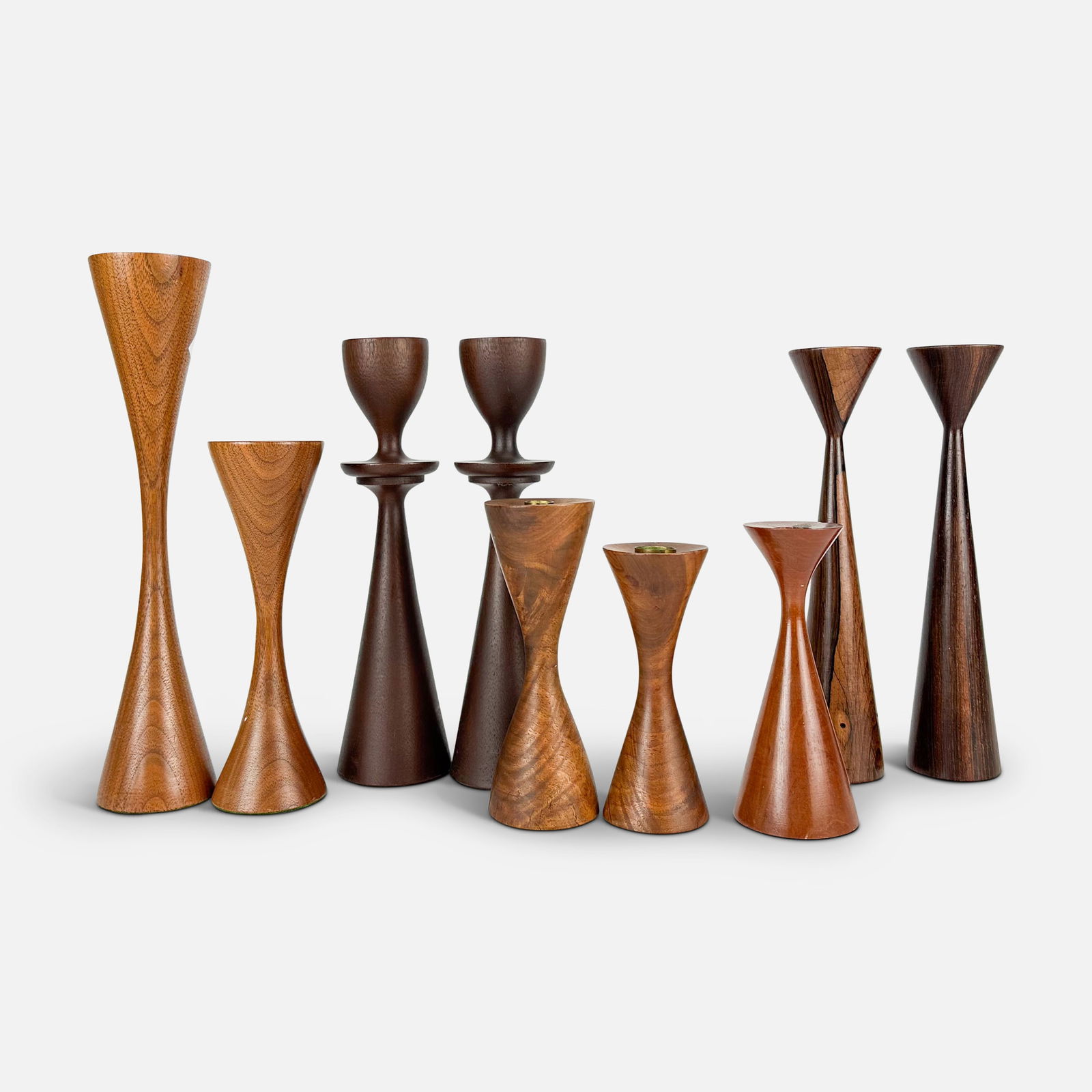 Nine Mid Century Modern Turned Wood Walnut Candlesticks