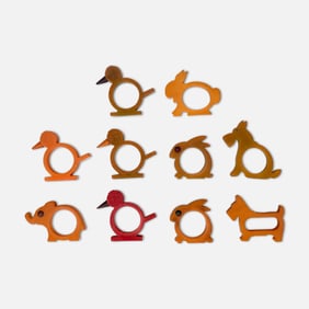 Ten Orig Bakelite Glass Eye Figural Catalin Napkin Rings: Incl Birds, Dogs, Bunnies, Elephant