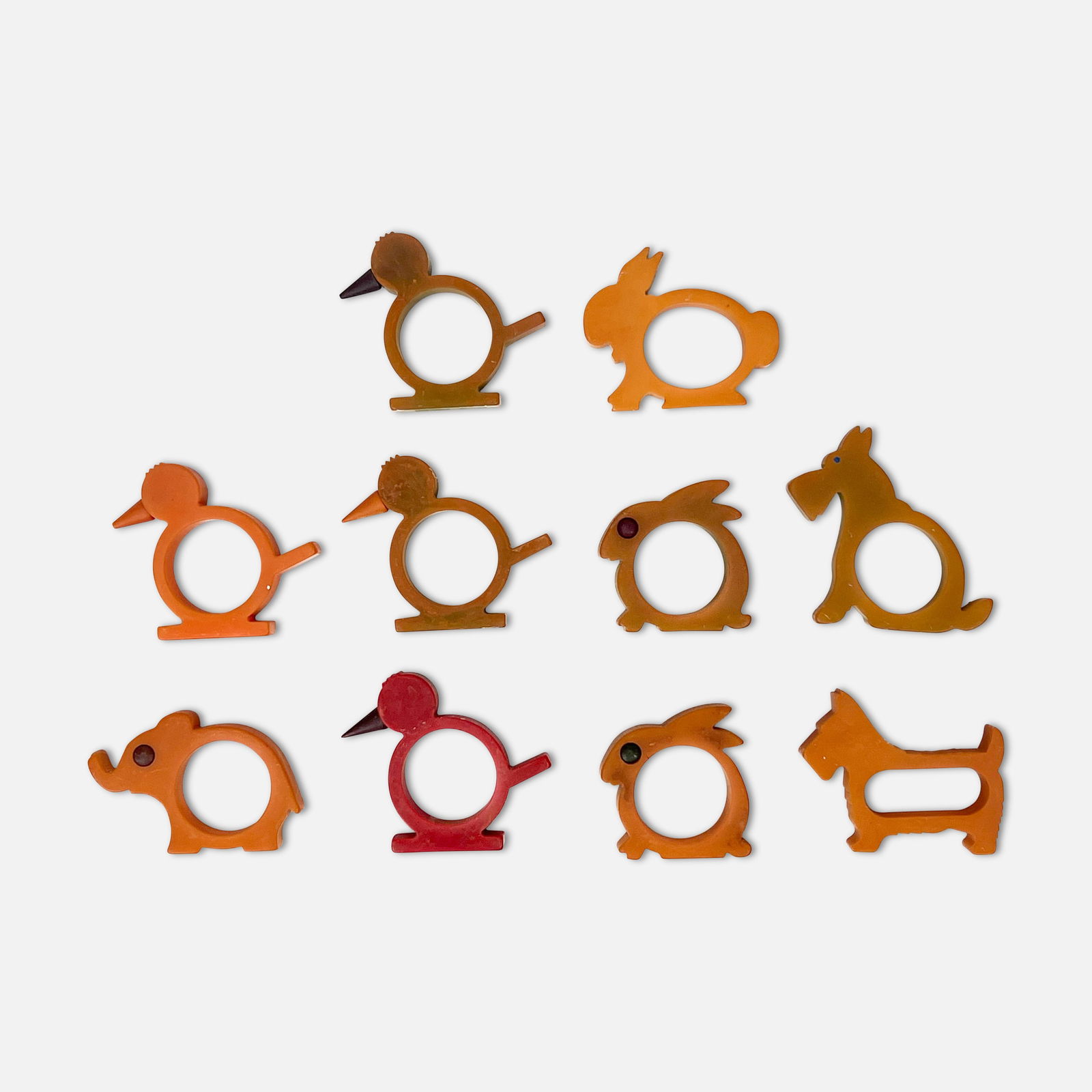 Ten Orig Bakelite Glass Eye Figural Catalin Napkin Rings: Incl Birds, Dogs, Bunnies, Elephant (1 of 6)