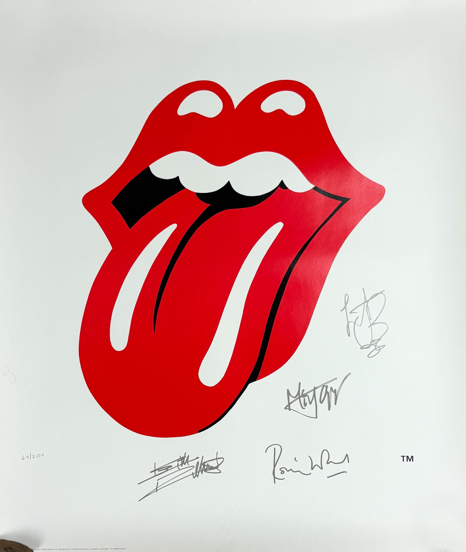 Rolling Stones Lips & Tongue Limited Edition Lithographic Print Signed by Band: Mick, Keith,: Signed by all four member of the band, Mick Jagger, Keith Richards, Ronnie Wood and Charlie Watts. Limited edition of 64/2500, includes original receipt/COA, image size approx. 17" by 17". We do not p