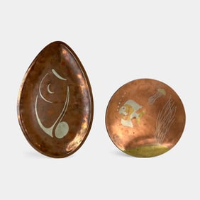 Metales Casados and Los Castillo Taxco Handwrought Mixed Metal Aquatic Plate and Footed Bowl